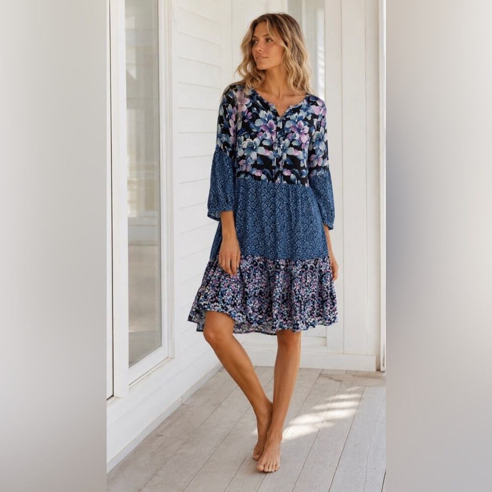 Soft Surroundings Night Bloom Dress Tiered Floral Patchwork Navy Blue Sundress L